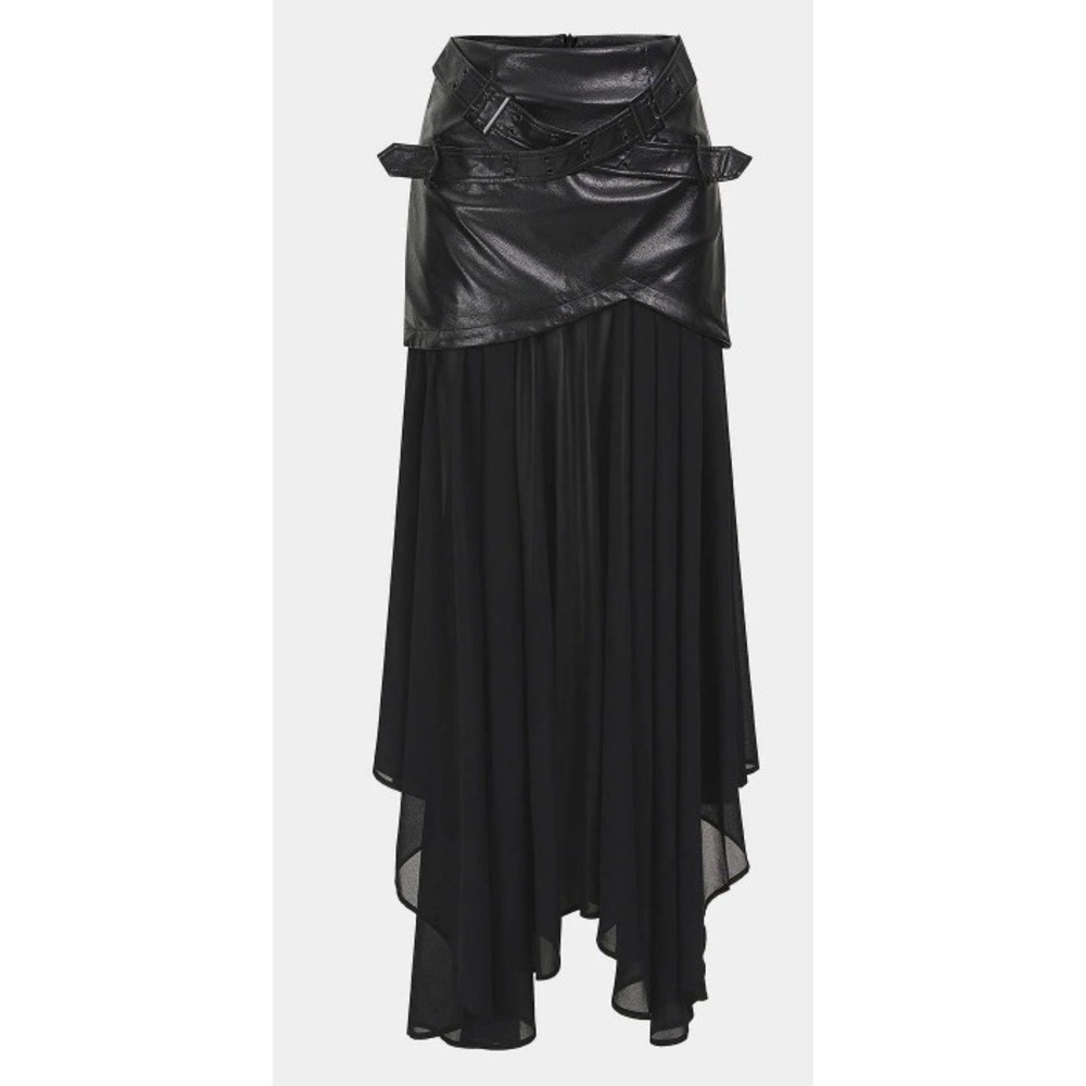 Micas Black Faux Leather Patchwork Asymmetrical Midi Skirt XL Buckle Detail